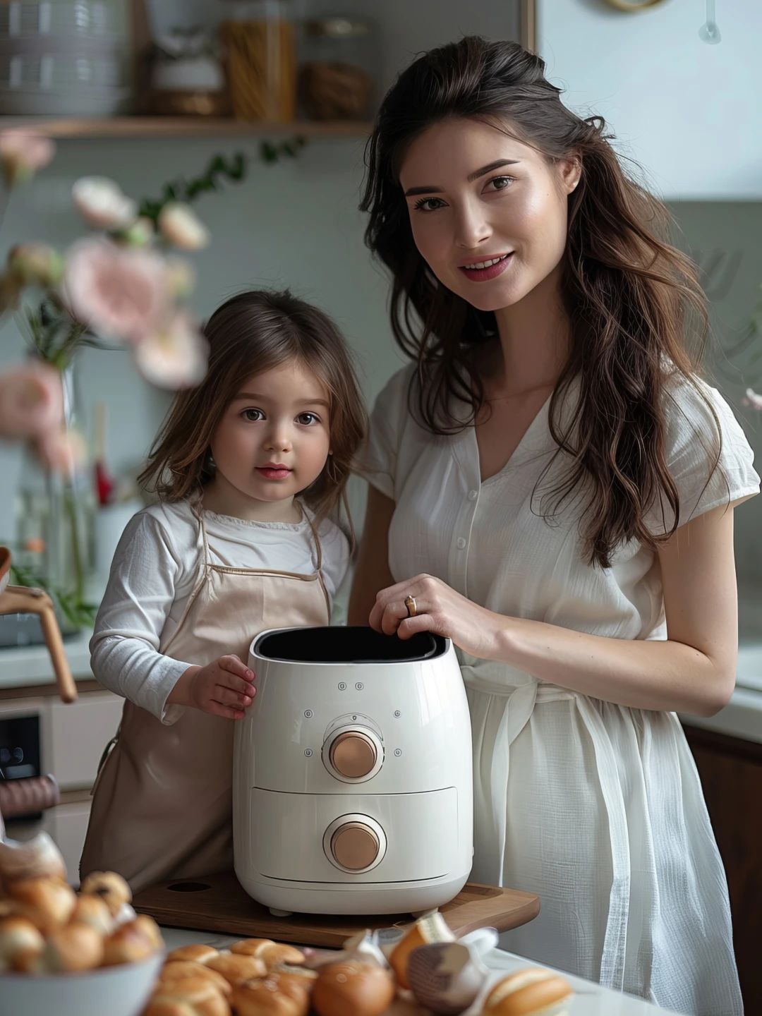 Mulher e criança sorridentes ao lado de uma airfryer branca em uma cozinha moderna, com pães frescos, destacando uso familiar e alimentação saudável."