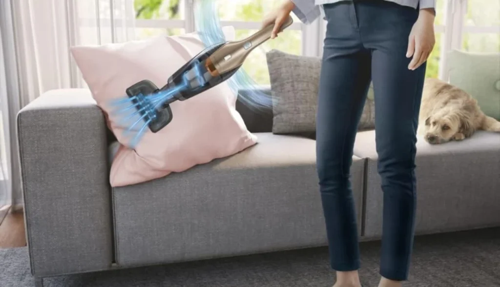 Mulher limpando sofá com aspirador portátil Electrolux 2 em 1 - cachorro ao fundo - ideal para pets