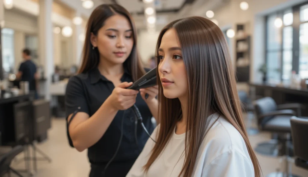 Cabeleireira profissional usando chapinha em cliente em salão de beleza, demonstrando técnica correta de alisamento