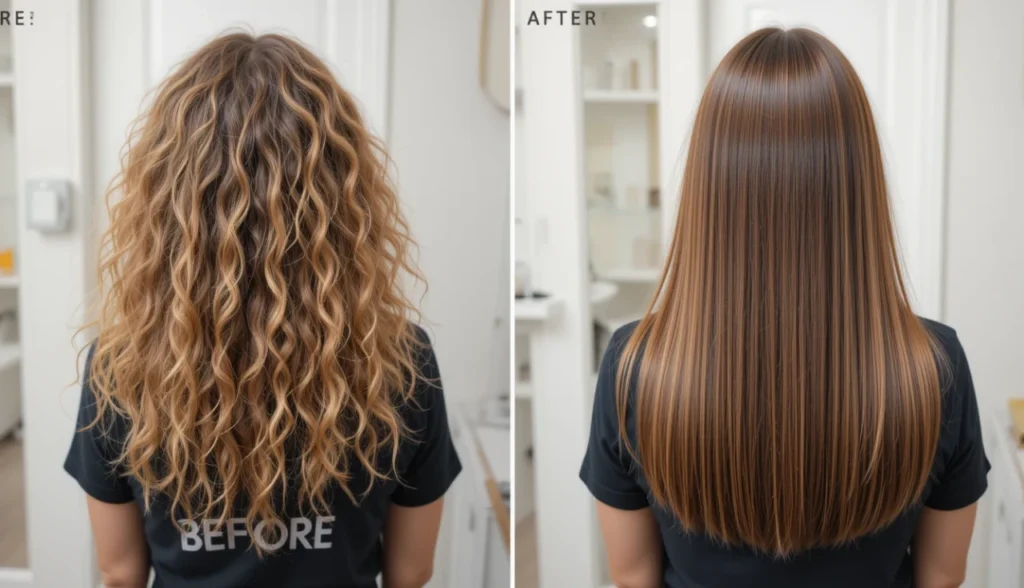 Resultado chapinha profissional - antes e depois mostrando transformação de cabelo cacheado para liso perfeito