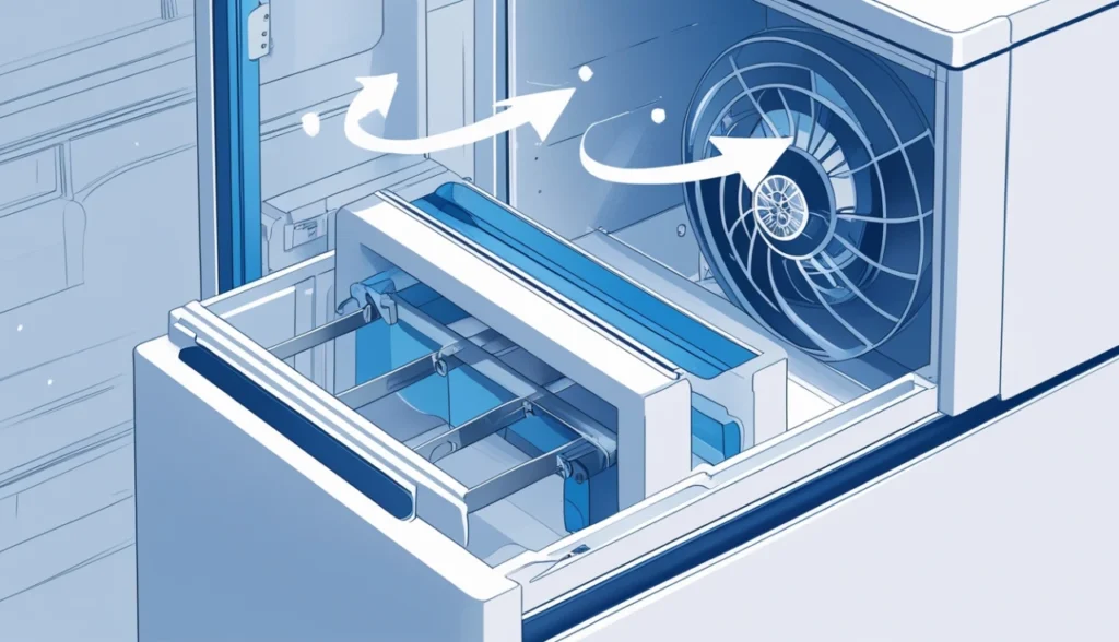 Diagrama explicativo do sistema frost free mostrando circulação de ar em geladeira moderna
