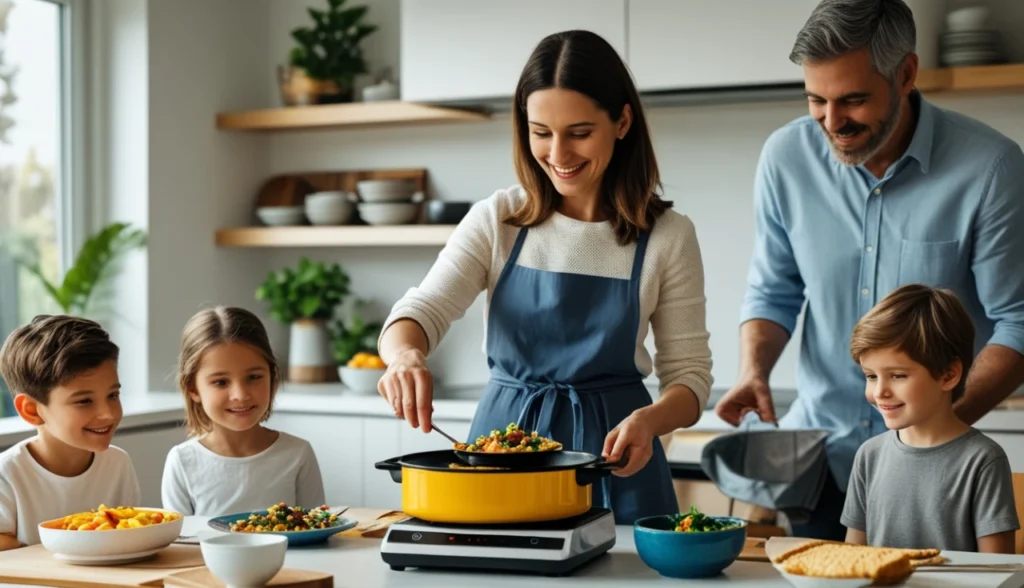 Família usando panela elétrica programável para jantar em cozinha moderna