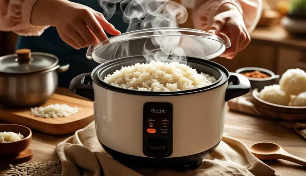 Panela elétrica multifuncional aberta mostrando arroz perfeitamente cozido com vapor