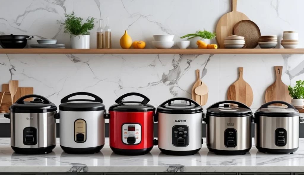 Comparação das 5 melhores panelas elétricas de 2025 lado a lado na bancada da cozinha
