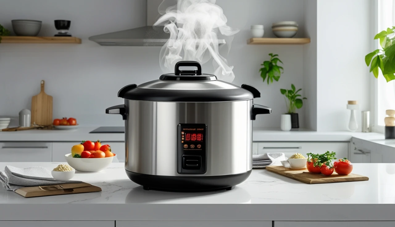 Melhor panela elétrica 2025 em cozinha moderna com display digital e vapor saindo