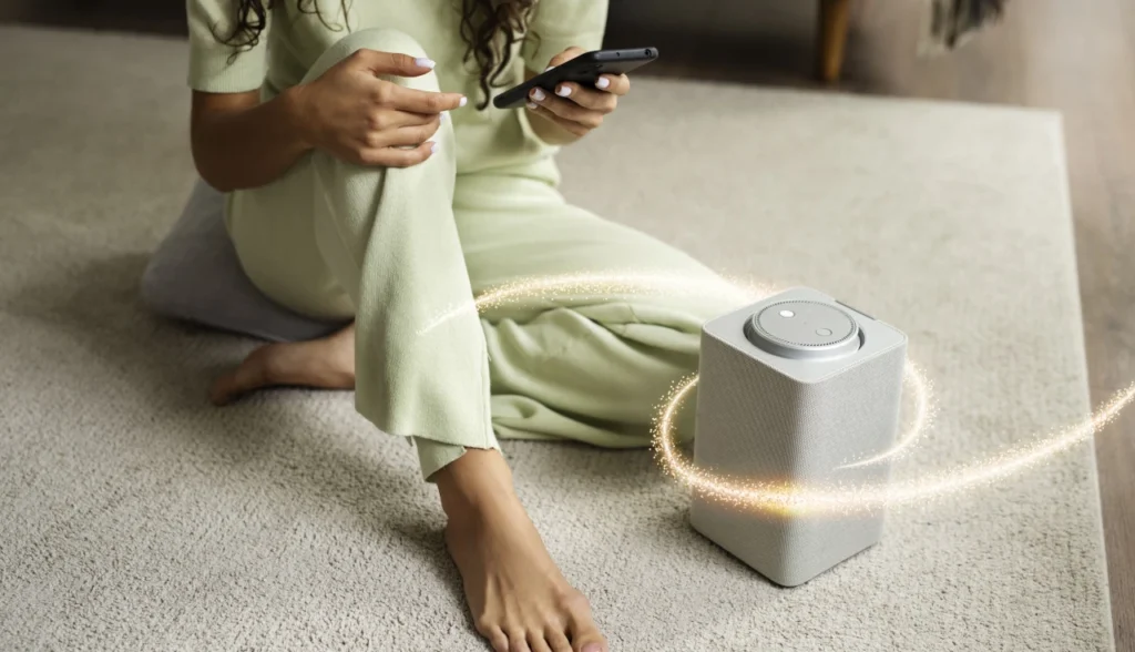 Mulher relaxando no sofá usando smartphone para controlar purificador de ar inteligente com efeito luminoso dourado