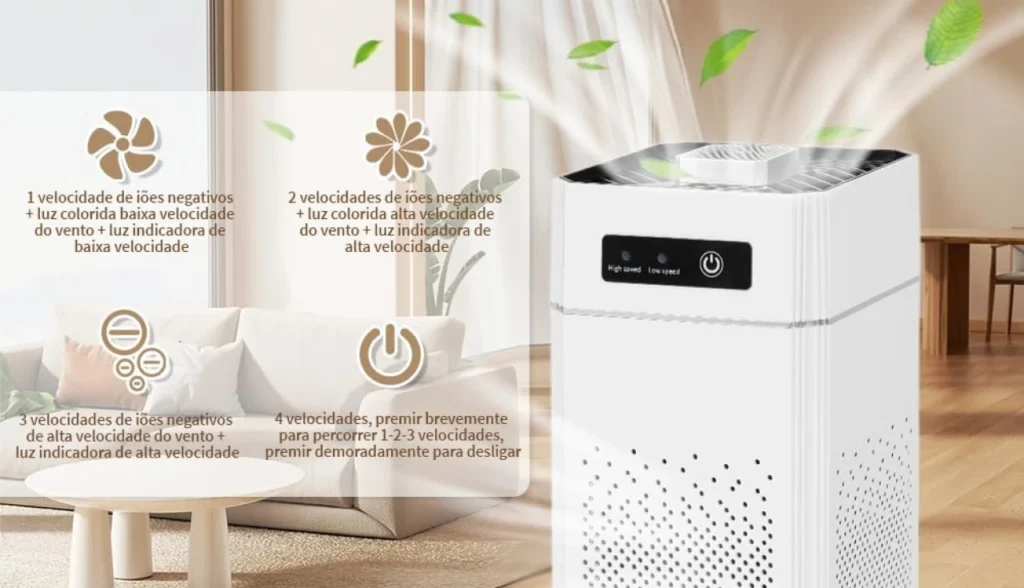 Purificador de ar HEPA compacto 25cm altura, potência 18W, tensão 5-12V mostrando especificações técnicas em quarto