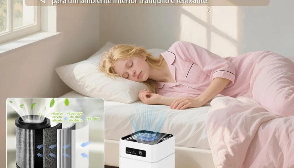Mulher dormindo tranquilamente com purificador de ar silencioso no quarto, filtro HEPA e carvão ativado em destaque