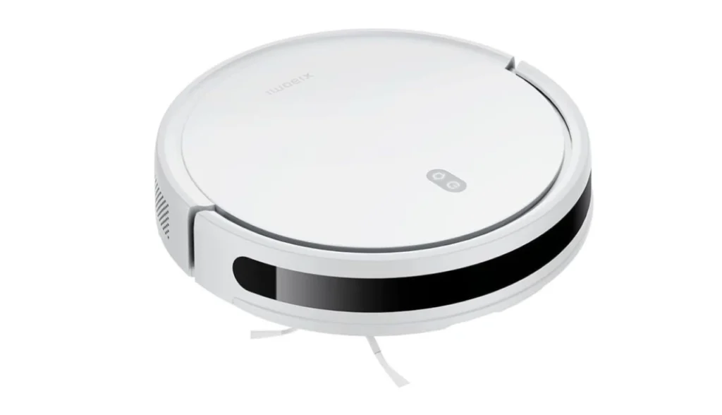 "Vista superior do robô aspirador Xiaomi Mi Robot Vacuum E10 B112 branco com design circular e faixa preta lateral"