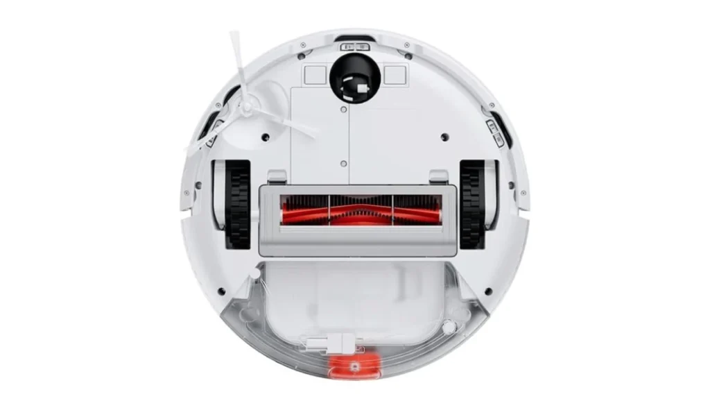 "Vista inferior do Xiaomi Mi Robot mostrando escova principal vermelha, rodas laterais e sistema de limpeza interno"
