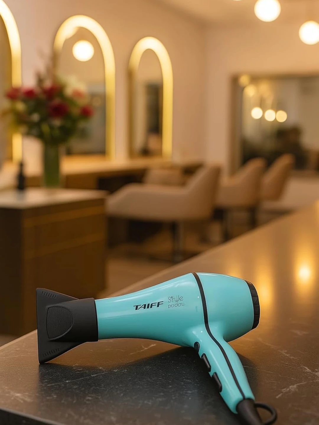 Secador Taiff azul turquesa posicionado sobre balcão de mármore em ambiente de salão de beleza com espelhos dourados e decoração elegante ao fundo.
