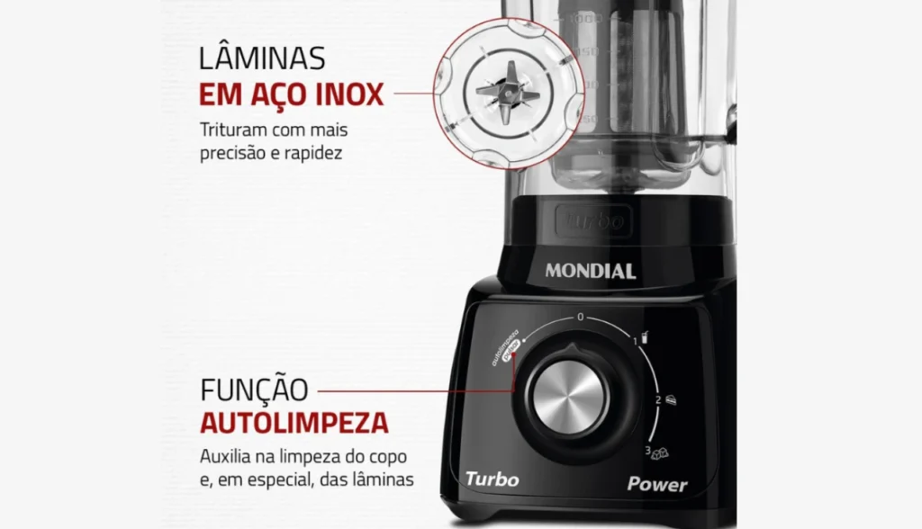 Detalhe das lâminas em aço inox do Liquidificador Mondial L-99 com função autolimpeza para trituração precisa