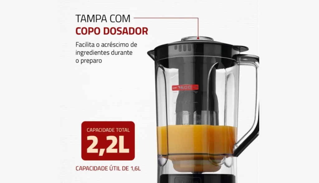 Tampa com copo dosador do Liquidificador Mondial L-99 capacidade 2,2 litros para facilitar preparo de receitas
