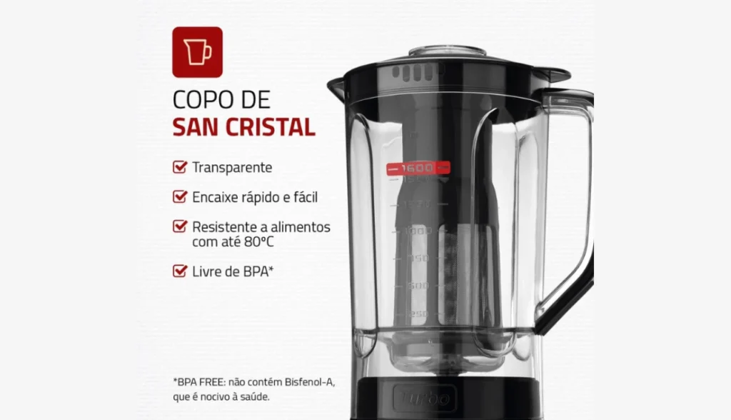 Copo de San Cristal transparente do Liquidificador Mondial L-99 livre de BPA resistente até 80°C