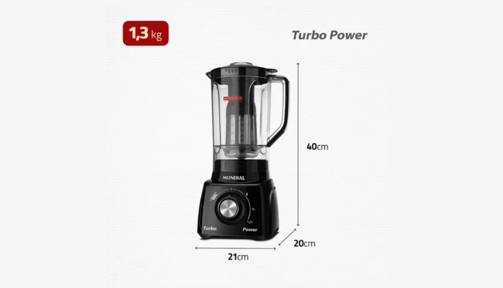 Dimensões do Liquidificador Mondial Turbo Power: 40cm altura x 21cm largura x 20cm profundidade, peso 1,3kg