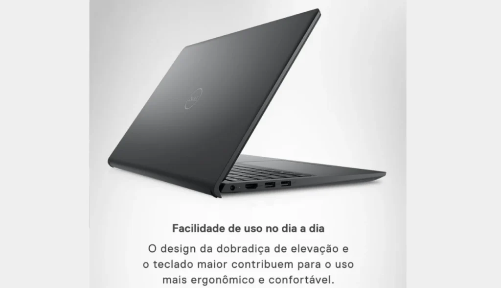 Vista lateral do Notebook Dell Inspiron preto, destacando o design fino e dobradiça de elevação