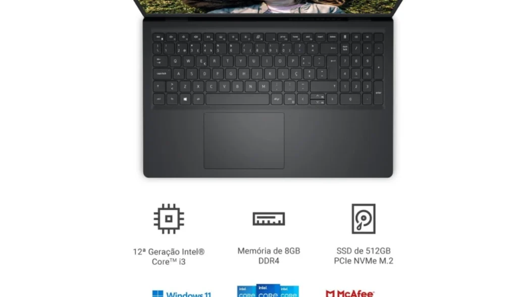 Teclado completo do Notebook Dell Inspiron com 8GB de memória RAM e SSD de 512GB.