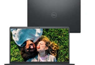 Notebook Dell Inspiron I15-I120K-A15P aberto, tela Full HD ligada, design moderno em preto.