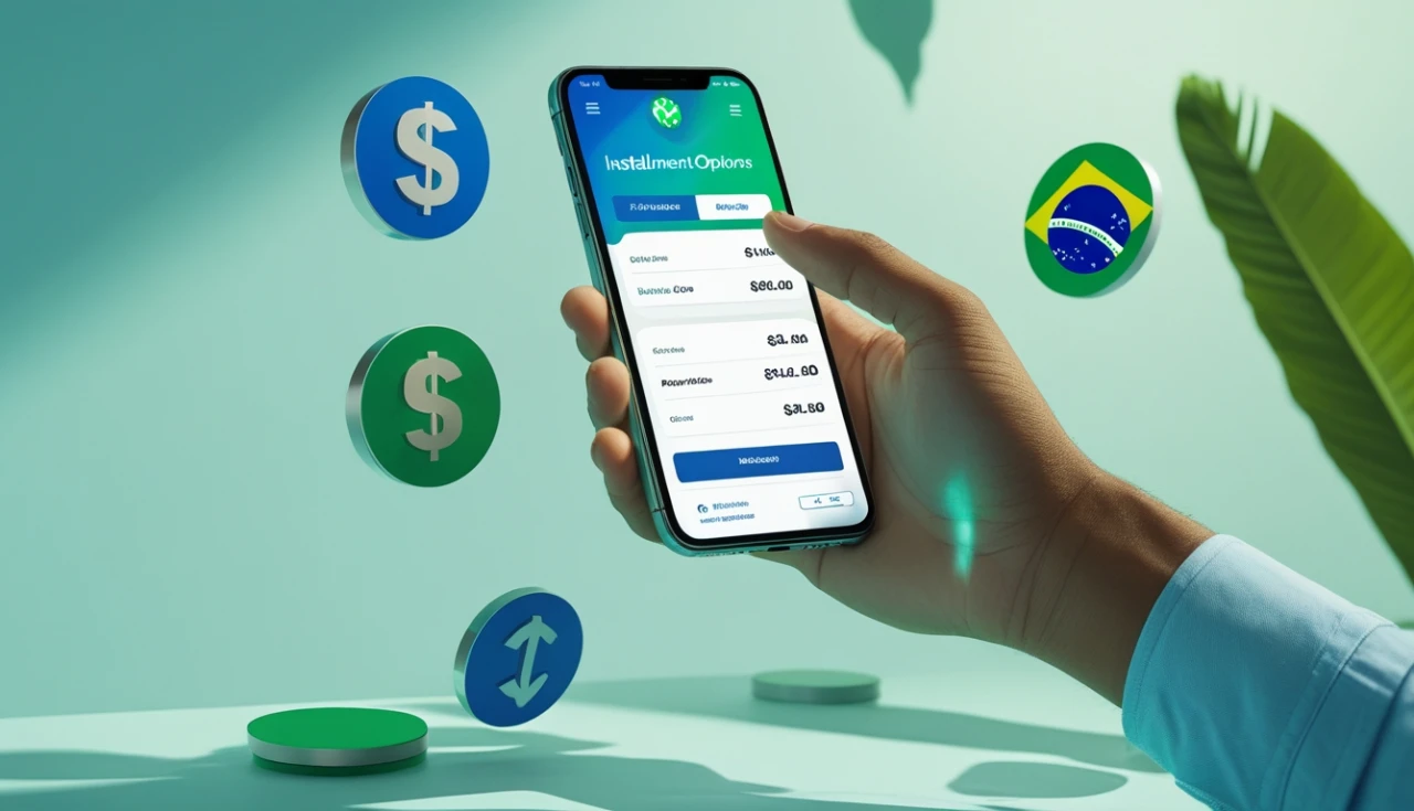 Pessoa usando smartphone para fazer pagamento PIX parcelado com interface digital mostrando opções de parcelamento em azul e verde