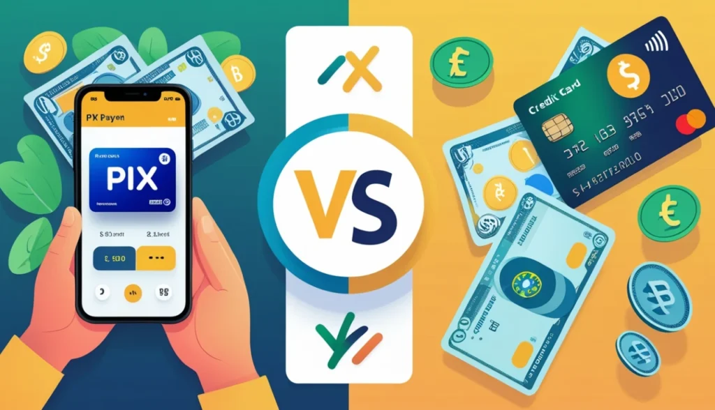 Comparação visual entre PIX parcelado e cartão de crédito com smartphone e cartão lado a lado e símbolo versus