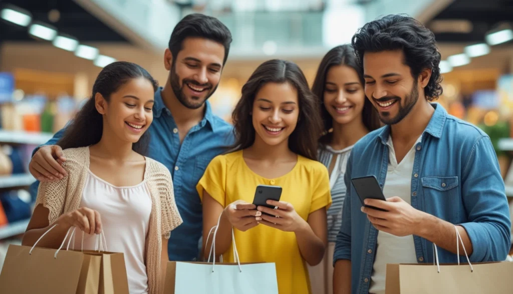 Vantagens do PIX parcelado - família fazendo compras com pagamento aprovado no smartphone em loja brasileira