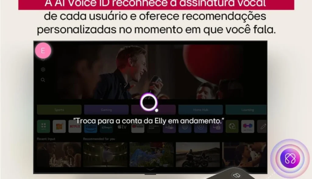 AI Voice ID reconhecendo a voz do usuário e oferecendo recomendações personalizadas na TV LG.
